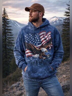 The Mountain Eagle American Flag Hoodie XL Blue Tie Dye Patriotic USA Western I